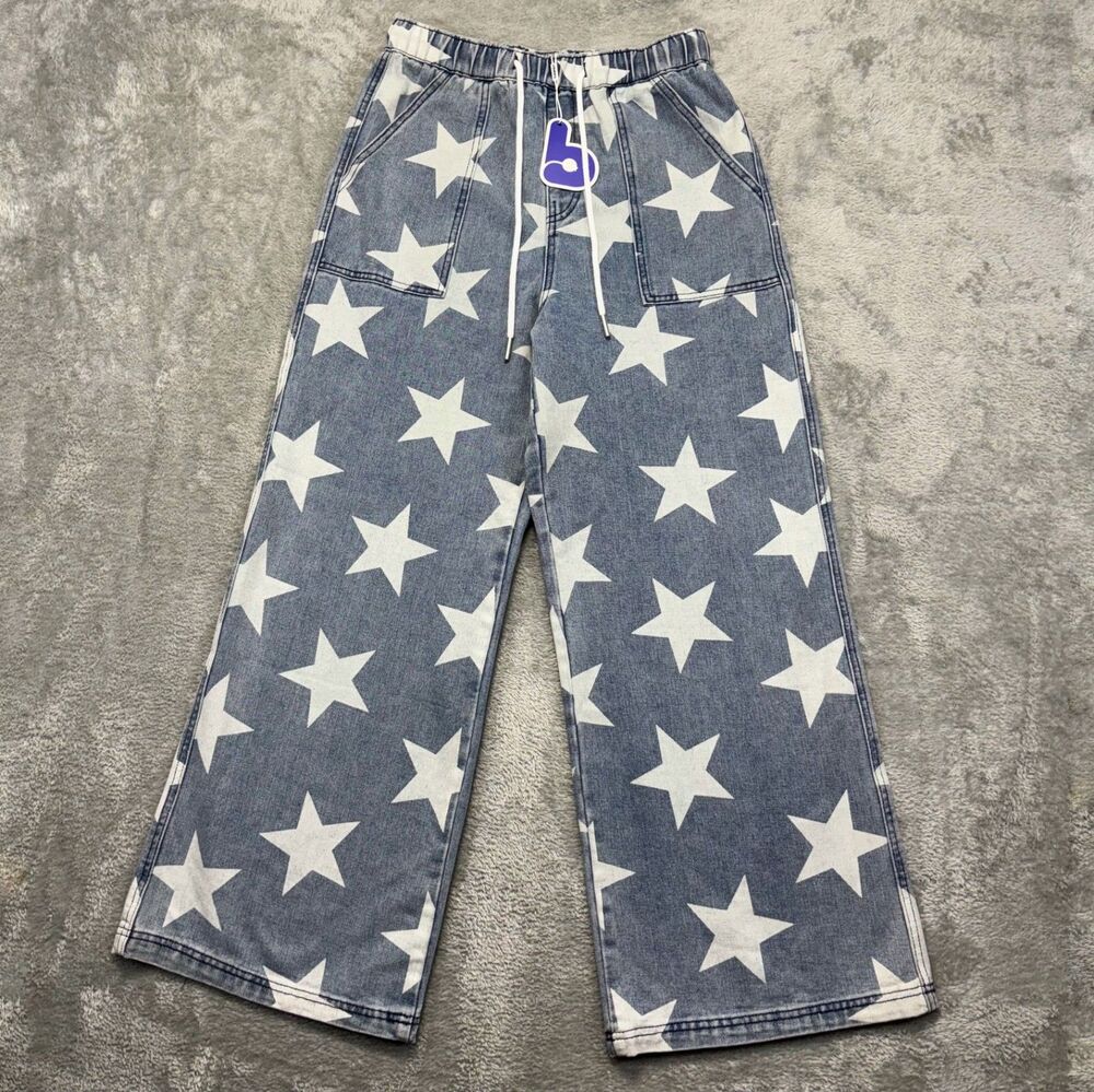 NWT A Bluebell Jeans Women's M Blue Denim Joggers Wide Leg Drawstring Star 28x28